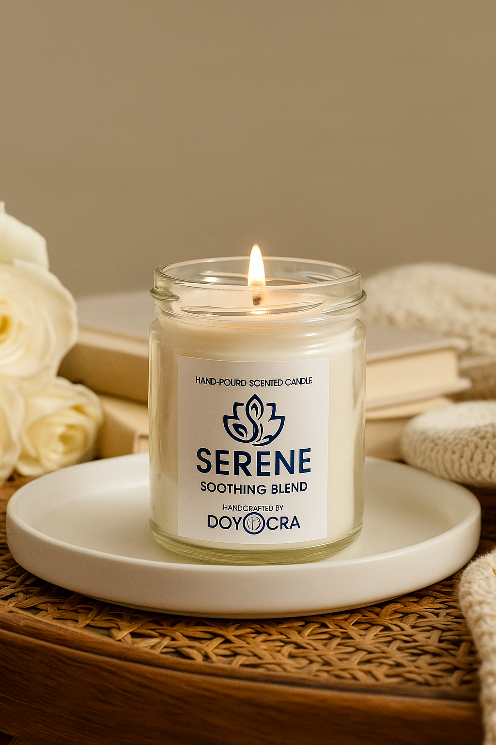 DOYOCRA HOME Serene Candle – Rose & Rajnigandha | Hand-Poured Soy Wax in Glass Jar | 100g